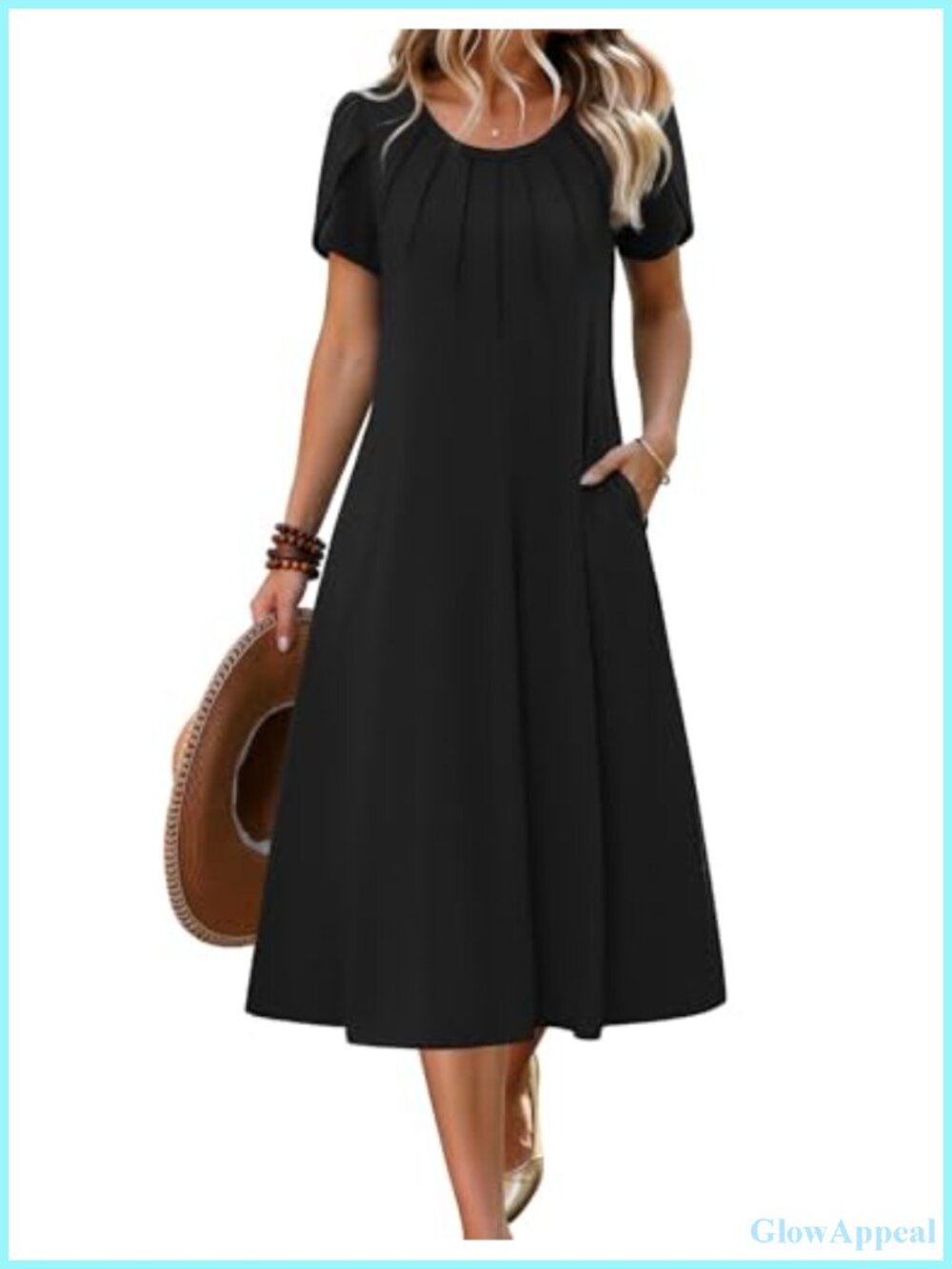 Pleated Midi A-Line Dress Petal Short Sleeve Flowy Boho Sundress 95% Polyester